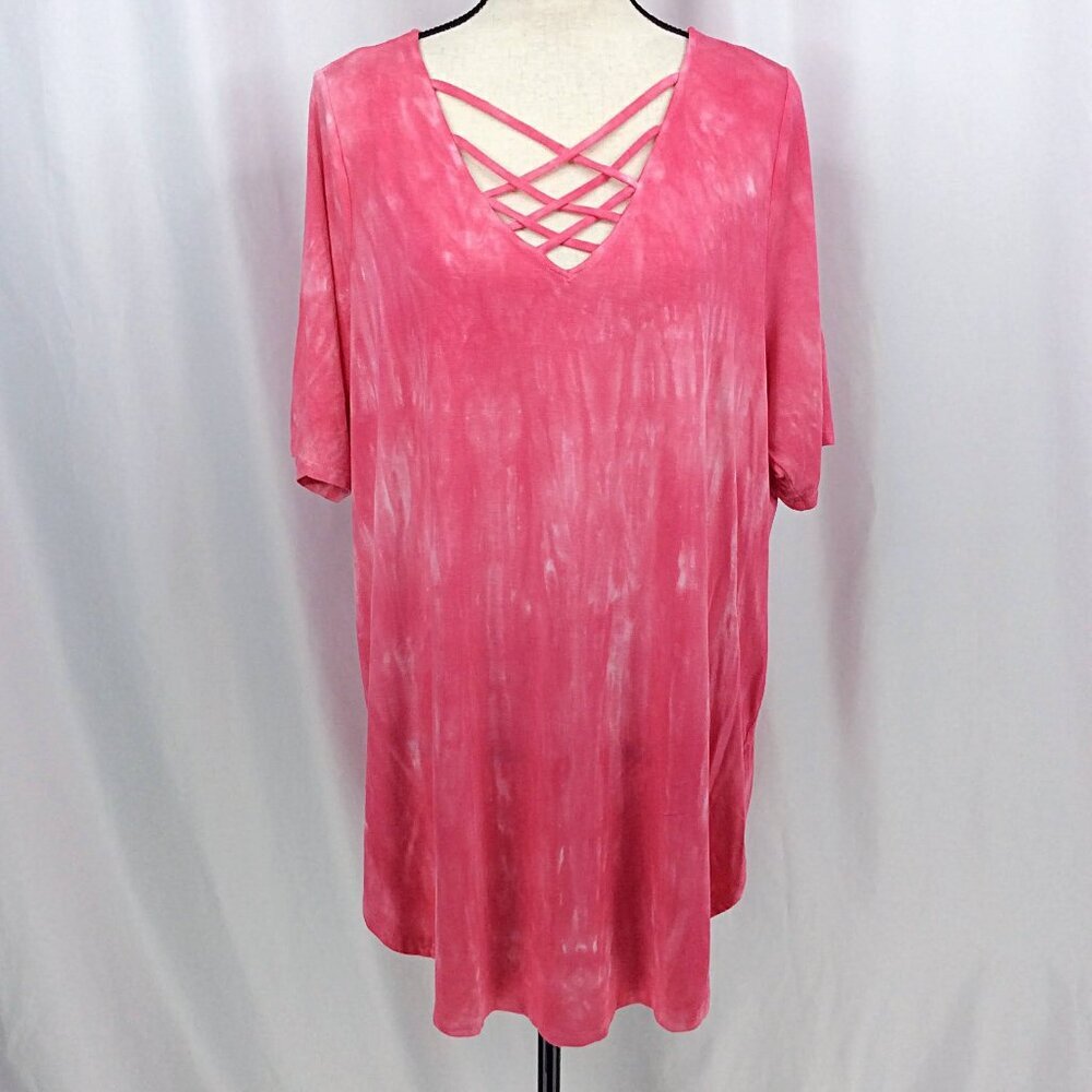 Torrid 3 Super Soft Knit Tunic Top Womens Size PInk Tie Dye Cage V-Neck Stretch
